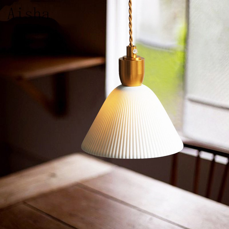 Pleated Ceramic & Brass Cocoon Pendant Light