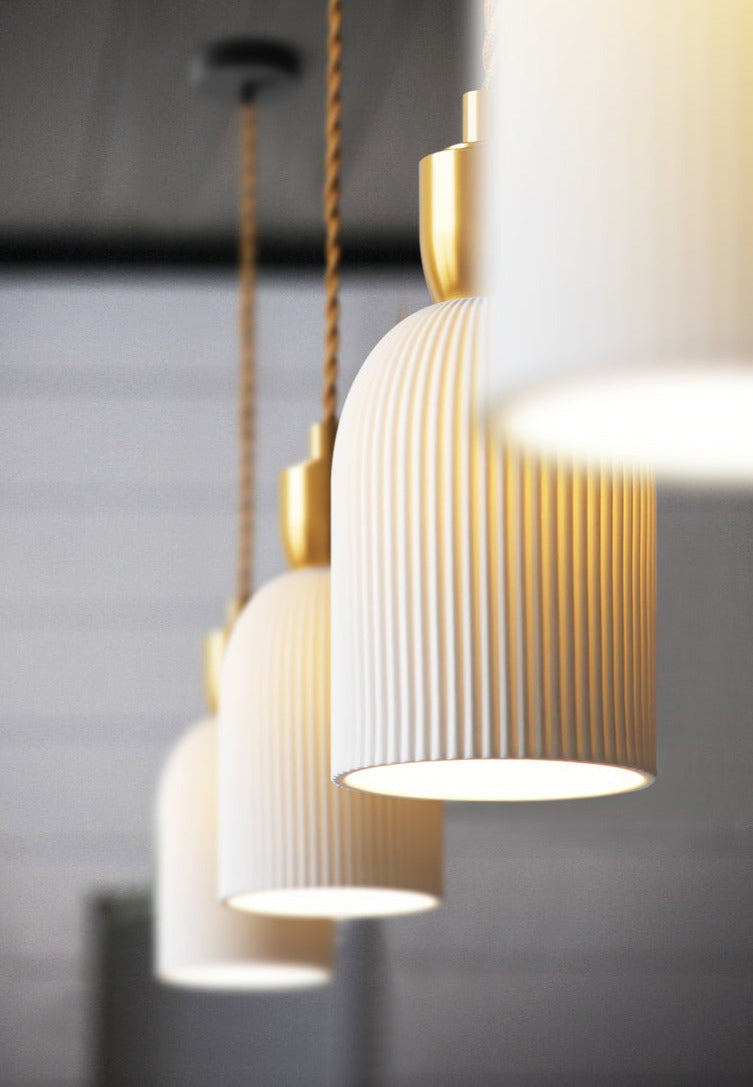 Pleated Ceramic & Brass Cocoon Pendant Light