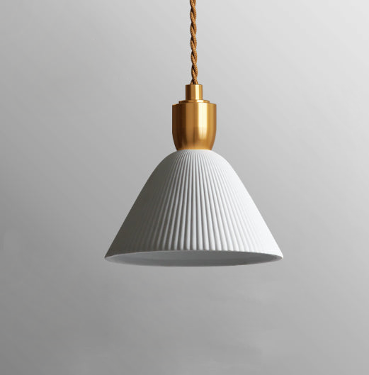 Pleated Ceramic & Brass Cocoon Pendant Light